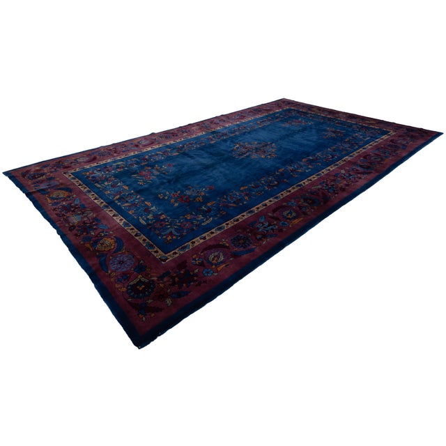 Early 20th Century Antique Chinese Art Deco Wool Rug in Cobalt Blue & Plum For Sale - Image 12 of 12
