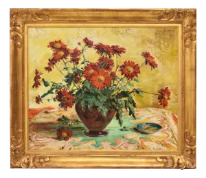 Angelina-Marie-Eugénie Drumaux, Still Life with Vase of Red Daisies, 20th Century, Oil on Canvas, Framed