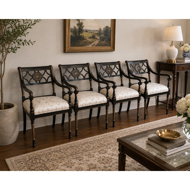 Elegant and timeless, this set of four armchairs by Century Furniture (Hickory, NC) embodies the refined geometry and...