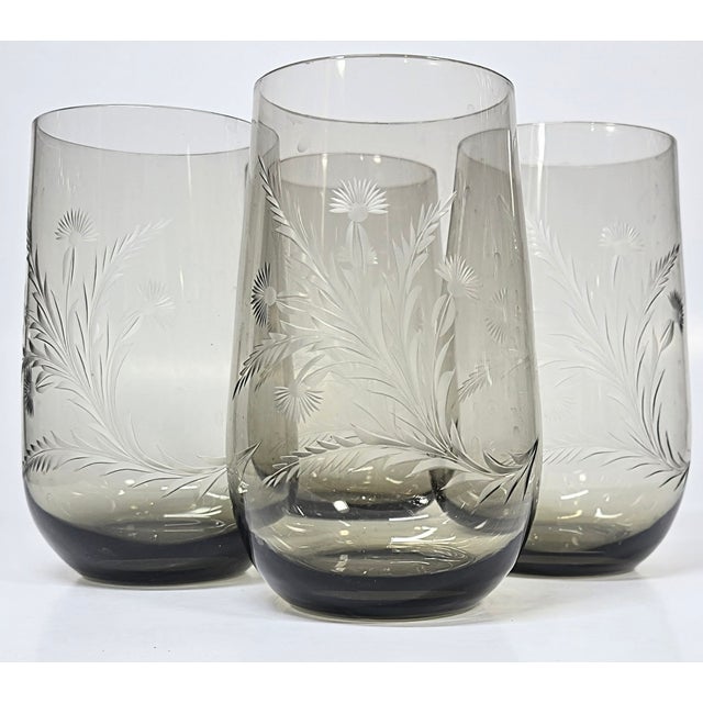 Mid 20th Century Handcarved Dandelion Crystal Stemless Goblets- Set of Four For Sale - Image 4 of 13