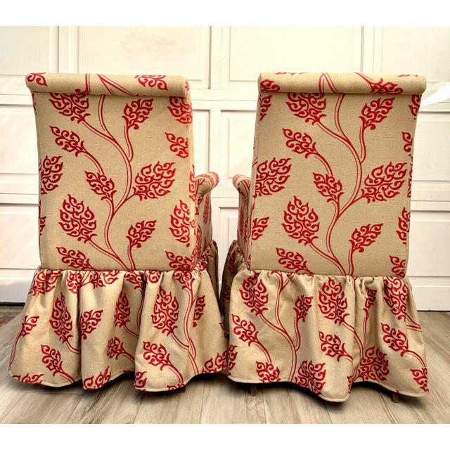 Pair of Vintage Skirted Swan Arm Chairs With Red Embroidered Textile For Sale - Image 12 of 15