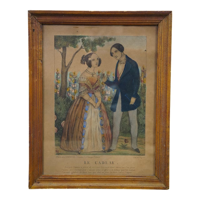 Antique French Hand Colored Lithograph 'Le Cadeau' Romance Courting Scene Framed For Sale