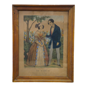 Antique French Hand Colored Lithograph 'Le Cadeau' Romance Courting Scene Framed