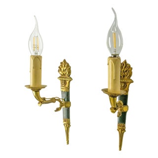 Empire Deep Green Sconces with Torch and Swan, France, 1960s, Set of 2 For Sale