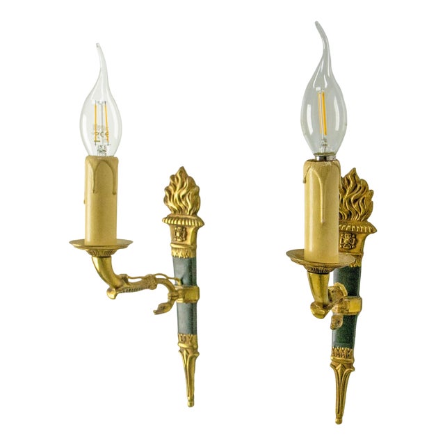 Empire Deep Green Sconces with Torch and Swan, France, 1960s, Set of 2 For Sale