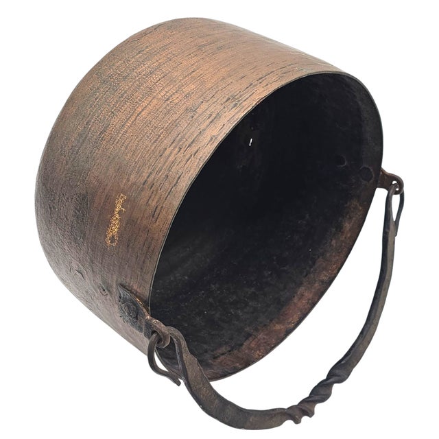 American 19th Century Primitive Copper Cauldron Vessel With Hand-Forged Iron Handle 12" For Sale - Image 3 of 10