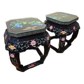 Pair of Vintage Chinese Black Lacquer Hand-Painted Stools or Side Tables For Sale