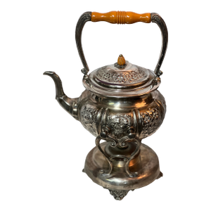 19th Century Ornate Silver Teapot With Tilting Warmer Stand, Floral Repoussé