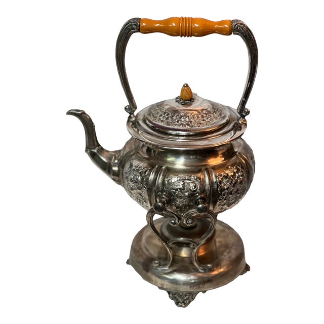 Late 19th Century Ornate Sterling Silver Teapot With Tilting Warmer Stand, Floral Repoussé For Sale