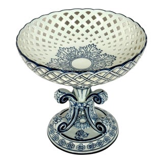 Vintage Mid-Century Modern Bombay Company Blue Reticulated Compote Pedestal Bowl For Sale