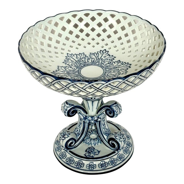 Vintage Mid-Century Modern Bombay Company Blue Reticulated Compote Pedestal Bowl For Sale