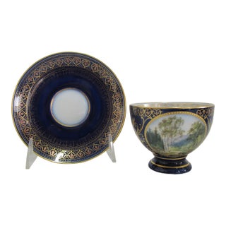 19th Century Carl Knoll Karlsbad Gilt Hand Painted Landscape Porcelain Coffee Cup & Saucer For Sale