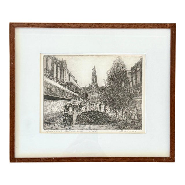 Vintage Dutch Etching of Lijnbaan, Rotterdam by h.w. Bijl For Sale