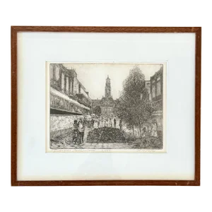 Vintage Dutch Etching of Lijnbaan, Rotterdam by h.w. Bijl