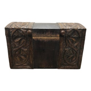 Rustic Wooden Craved Trunk For Sale