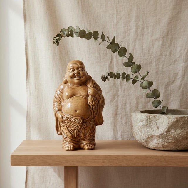 Contemporary Vintage Studio Pottery Hotei Buddha Statue-Signed JK-Large-Figure-Meditation-Zen For Sale - Image 3 of 11