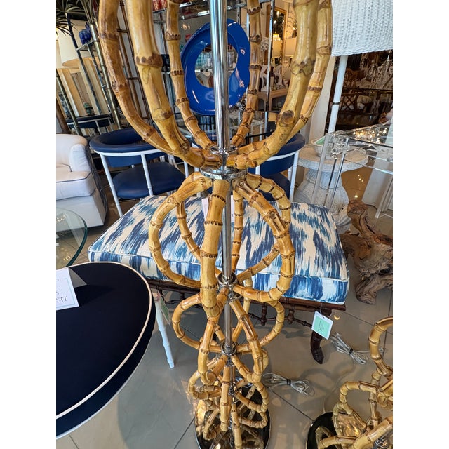 Vintage Modern Italian Bamboo & Chrome Floor Lamps Newly Wired - Pair For Sale - Image 4 of 13