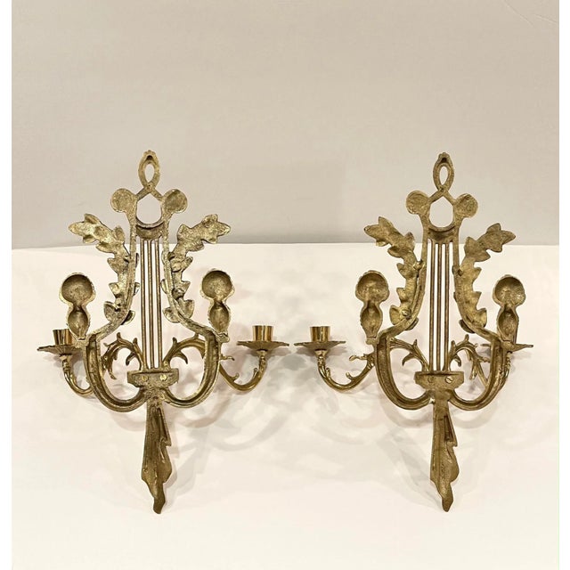 Hollywood Regency Vintage Brass Double Wall Sconces Candle Holders- Set of 2 For Sale - Image 3 of 4