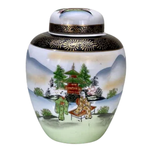Vintage Japanese Porcelain Landscape Motif Ginger Jar Urn W/ Lid