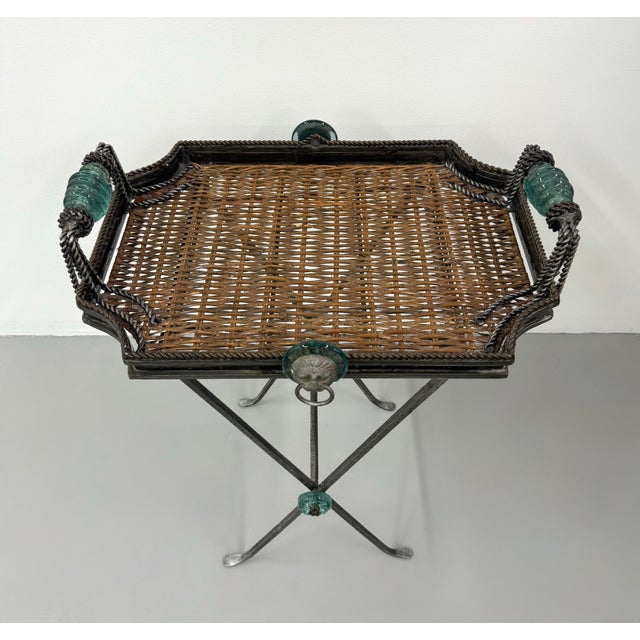 Maitland - Smith Vintage Maitland-Smith Metal, Woven Rattan & Glass Tray Table For Sale - Image 4 of 7