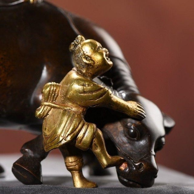Late 20th Century Vintage Gilt Bronze Figure Group – Two Boys Playing With a Water Buffalo For Sale - Image 5 of 9