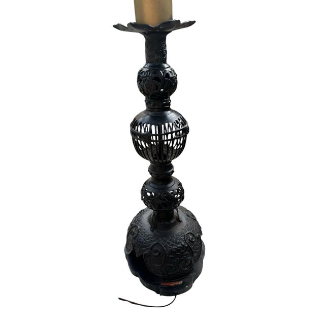Vintage Victorian Japanese Hand Carved (Japonisme) Aesthetic Movement Lamp Tall For Sale - Image 9 of 11