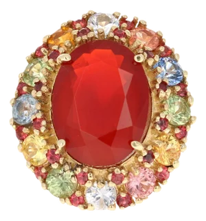 9.61 Carat Natural Fire Opal Multi Color Sapphire Yellow Gold Ring Size 7