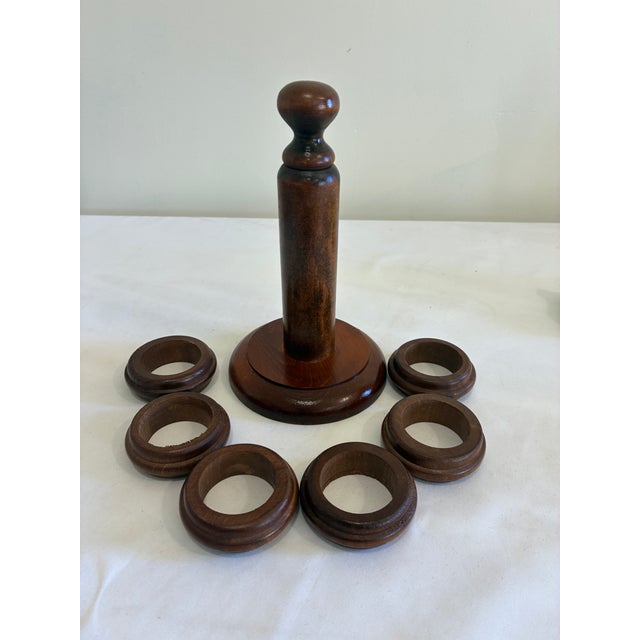 Mid-Century Modern Vintage Wooden Napkin Rings With Stacked Holder, Set of 7 For Sale - Image 3 of 8