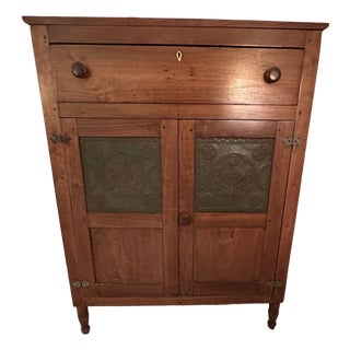 Antique Walnut Pie Safe With Star & Vase Tins C. 1830 For Sale