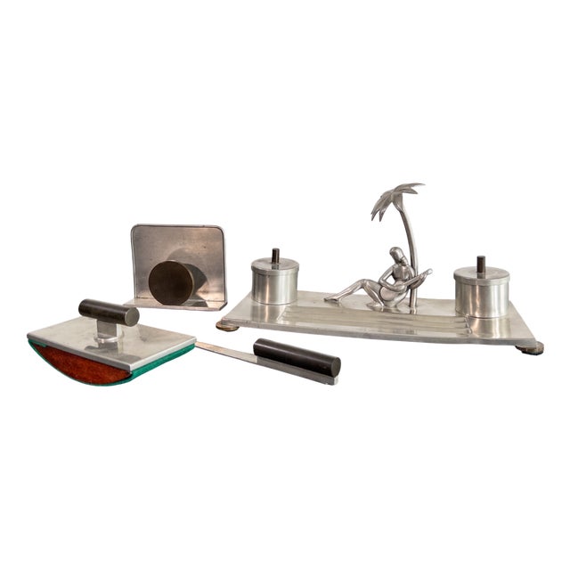 Art Deco Pewter Desk Set by Carl-Einar Borgström for Ystad Tenn, Sweden, 1936, Set of 4 For Sale