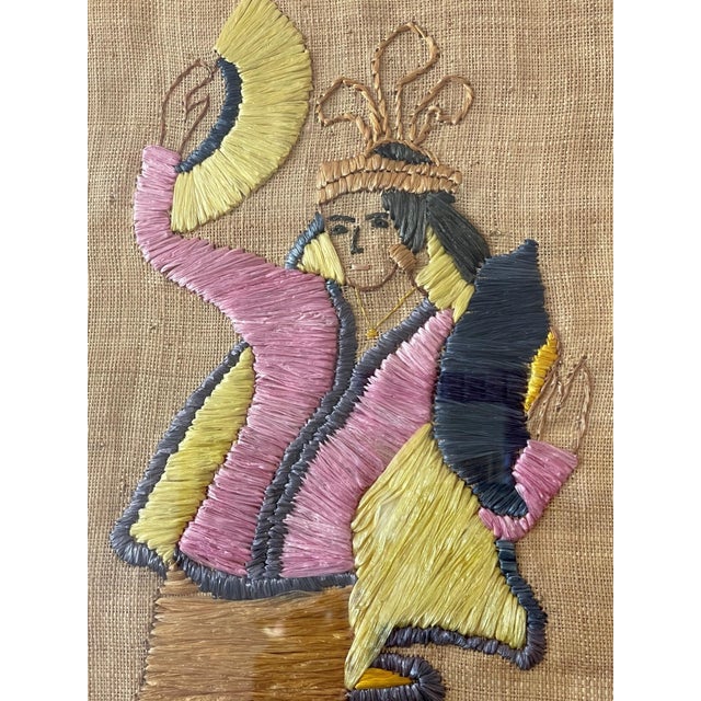 A charming pair of hand-stitched raffia textile panels presented in vintage bamboo-style frames. Executed in vibrant...