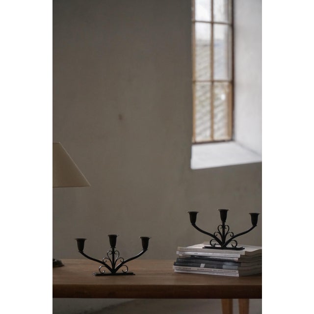 Early 20th Century Art Deco Danish Metal Three-Arm Candelabra, 1930s, Set of 2 For Sale - Image 3 of 18