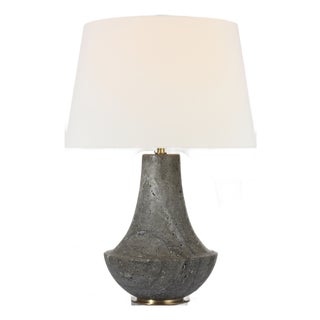 Thomas O'Brien by Visual Comfort Signature Kefi 25" Table Lamp in Dark Travertine with Linen Shade For Sale