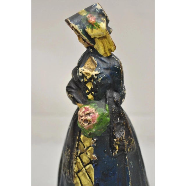 Early 20th Century Antique Victorian Cast Iron Figural Colonial Woman Blue Dress Painted Door Stop For Sale - Image 5 of 9