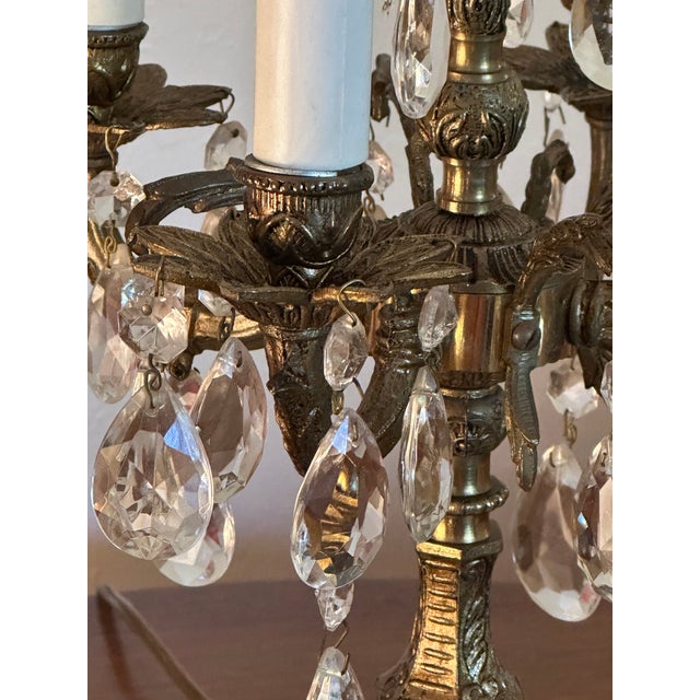 Metal Vintage Spanish Brass & Crystal Candelabra Lamp For Sale - Image 7 of 14