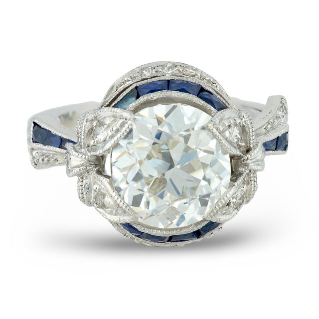 Art Deco 1930s Art Deco Gia 3.38 Carat Diamond Sapphire Platinum Engagement Ring, Size 5 For Sale - Image 3 of 7