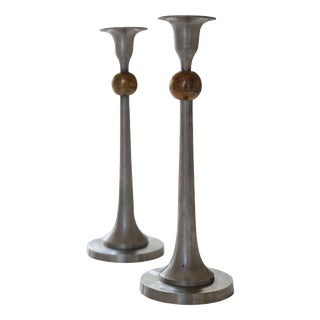 Art Deco Candleholders in Pewter and Brass, Sweden, 1930s, Set of 2 For Sale