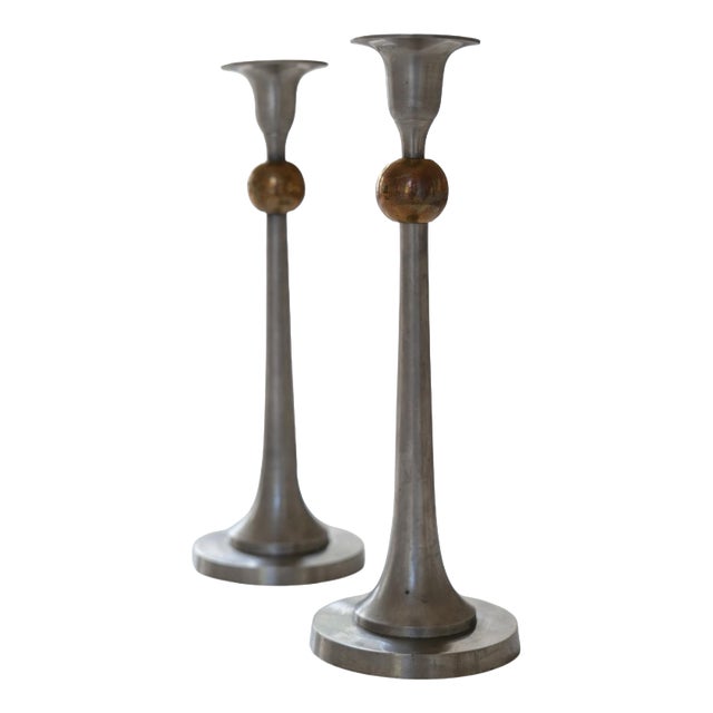Art Deco Candleholders in Pewter and Brass, Sweden, 1930s, Set of 2 For Sale