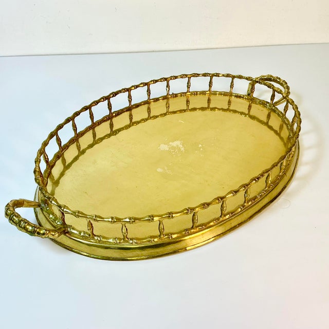 Mid 20th Century Mid-Century Hollywood Regency Boho Chic Coastal Faux Bamboo Brass Tray, Mottahedeh Attributed For Sale - Image 5 of 16