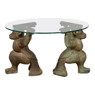 Vintage Bronze Double Monkey Coffee Table Base with Verde Patina For Sale