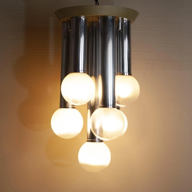 Suspension Chandelier With 7 Lights in Satin Glass, Italy, 1970s For Sale - Image 9 of 10