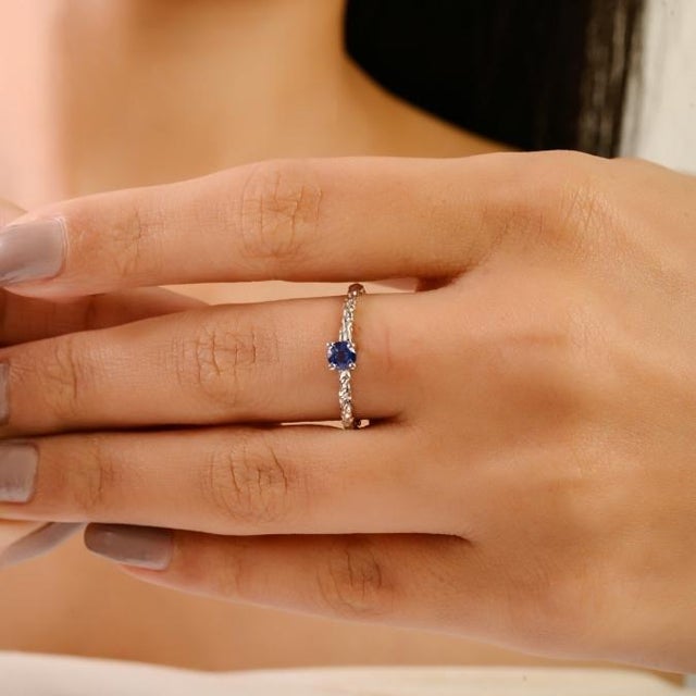 Not Yet Made - Made To Order Blue Sapphire Textured Solitaire Ring Size 7 in 14k White Gold Dainty Fine Jewelry For Sale - Image 5 of 18