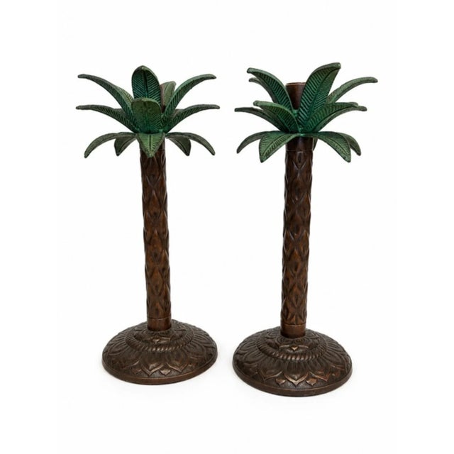 Hollywood Regency Vintage Palm Tree Candle Holder Pair | Antiqued Metal & Green Patina | Hollywood Regency Style For Sale - Image 3 of 6