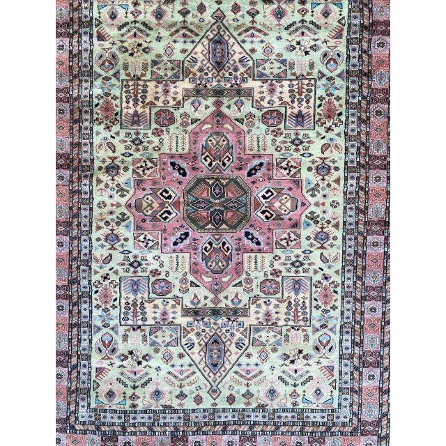 Nice Mid-Century rug with beautiful geometrical design and nice colors, entirely hand knotted with wool velvet on cotton...