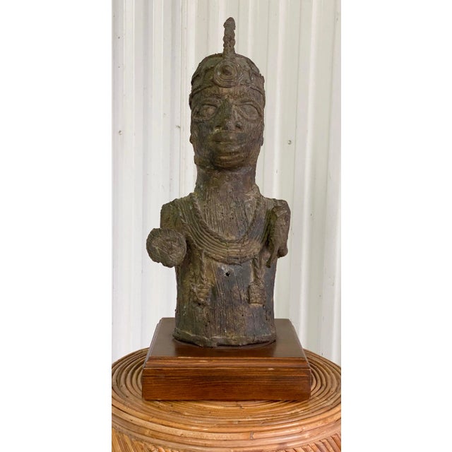 Vintage African Benin-Style Bronze Royal Bust Sculpture For Sale - Image 4 of 14