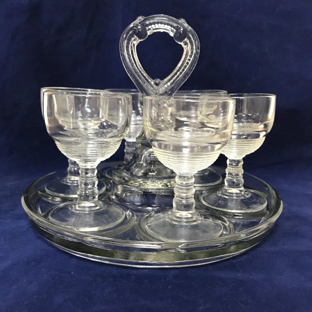 Rare Early American Pattern Glass serving tray with 6 matching, stemmed cordial glasses. An asset for your well equipped...