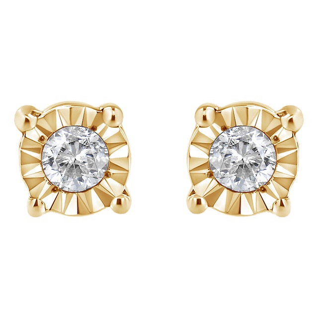 10K Yellow Gold Plated .925 Sterling Silver 1/10 Cttw Round Brilliant-Cut Diamond Miracle-Set Stud Earrings (J-K Color, I3 Clarity) For Sale