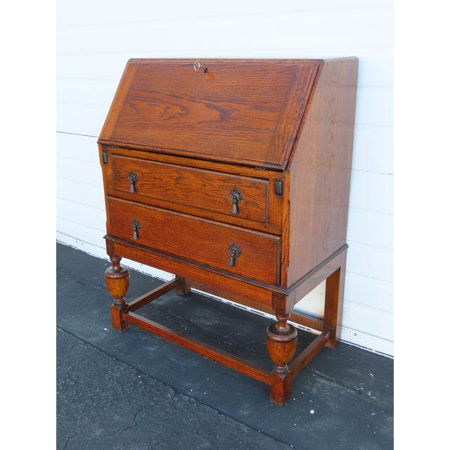 Traditional Early 1900s Solid Oak Leather Top Secretary Desk 6630 For Sale - Image 3 of 17