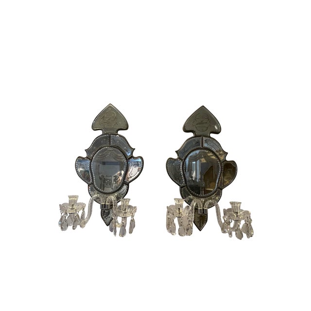Late 19th Century Antique Venetian Two Arm Silver Mirrored Candle Sconces With Etching - Set of 2 For Sale - Image 4 of 12