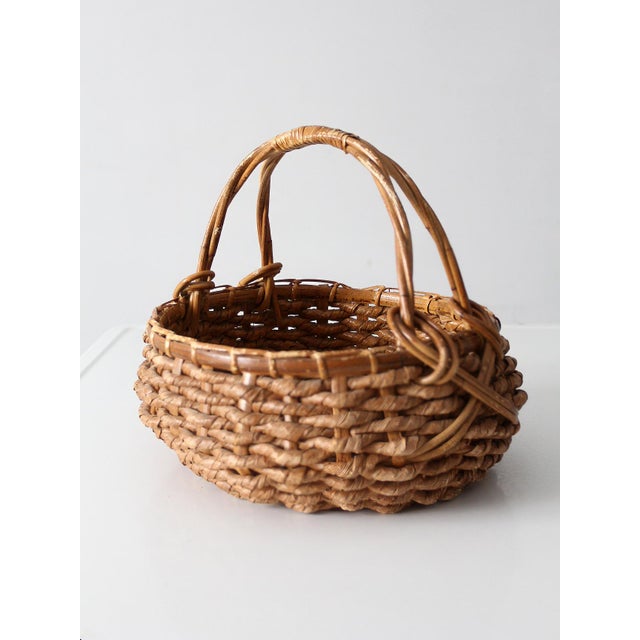 Brown Vintage Coil Basket With Handle For Sale - Image 8 of 12